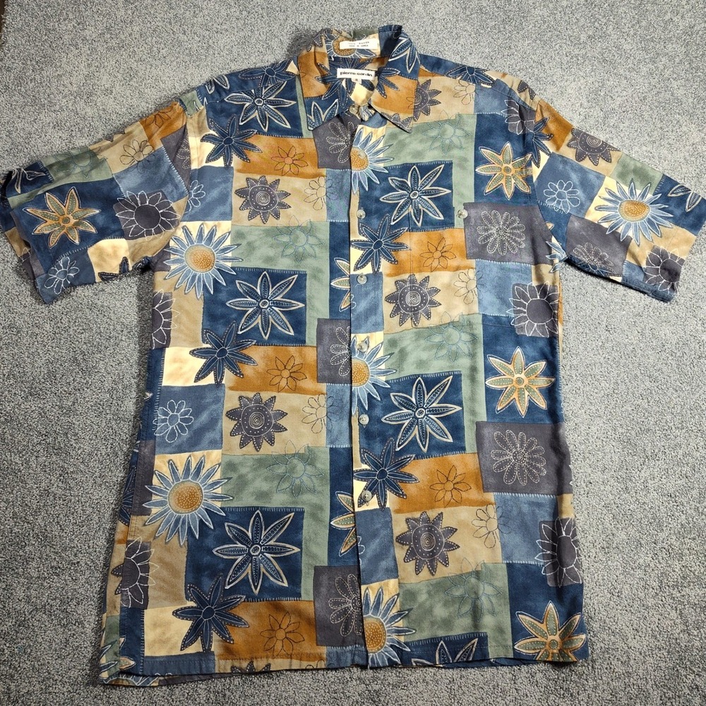 Pierre Cardin Shirt Men's Small Blue Beige Floral Rayon Short Sleeve Button Up